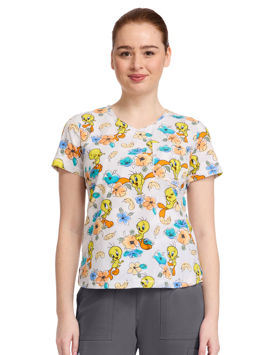Women's Rounded V-Neck Print Top - TF786 - Tweety Bird Dimension