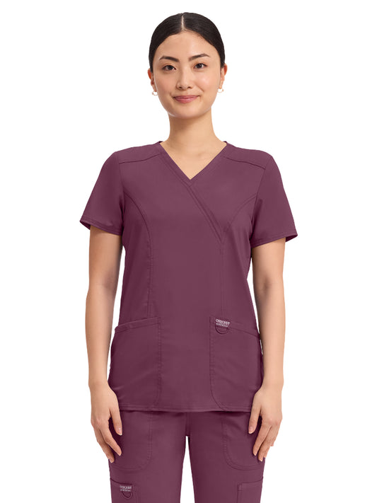 Women's 2-Pocket Mock Wrap Top - WW610 - Wine