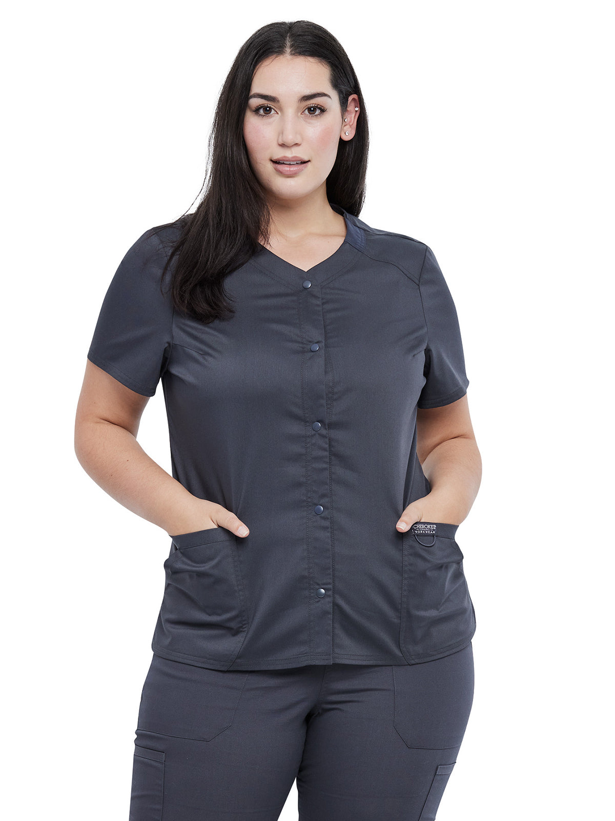 Women's 4-Pocket Snap Front V-Neck Top - WW622 - Pewter