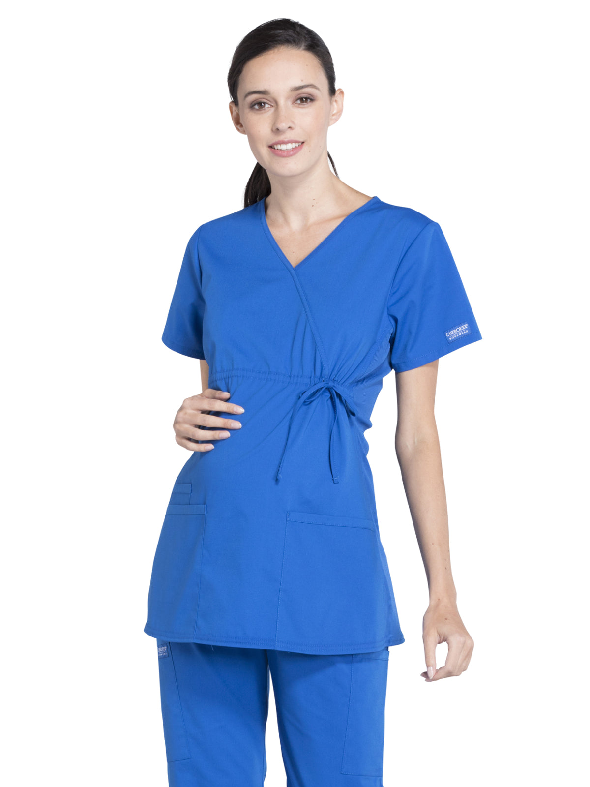 Women's 2-Pocket Maternity Mock Wrap Scrub Top