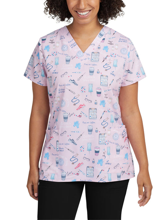 Women's 3-Pocket V-Neck Printed Scrub Top