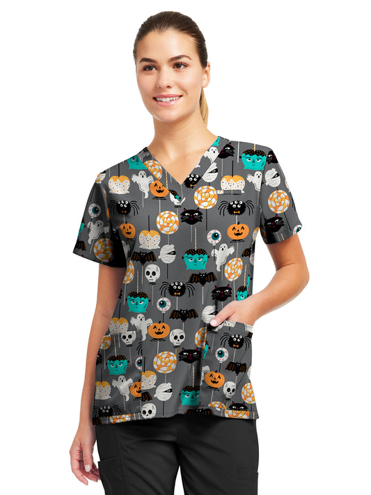 Women's 3-Pocket V-Neck Printed Scrub Top