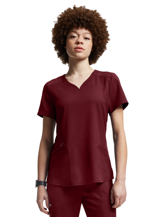 Women's Three-Pocket Curved V-Neckline Top - WT121 - Wine